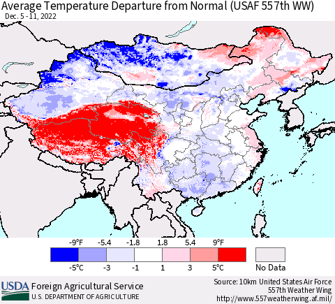 China, Mongolia and Taiwan Average Temperature Departure from Normal (USAF 557th WW) Thematic Map For 12/5/2022 - 12/11/2022