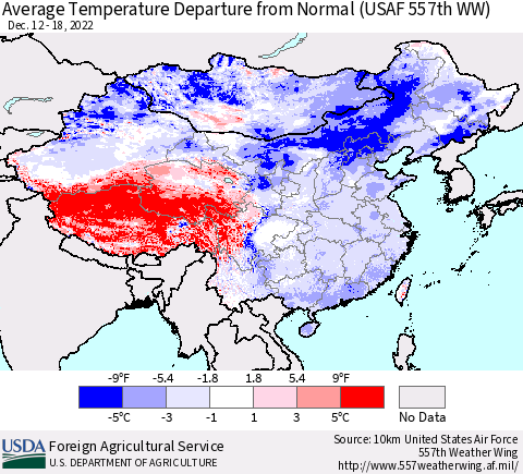 China, Mongolia and Taiwan Average Temperature Departure from Normal (USAF 557th WW) Thematic Map For 12/12/2022 - 12/18/2022