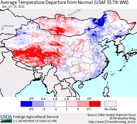 China, Mongolia and Taiwan Average Temperature Departure from Normal (USAF 557th WW) Thematic Map For 12/19/2022 - 12/25/2022