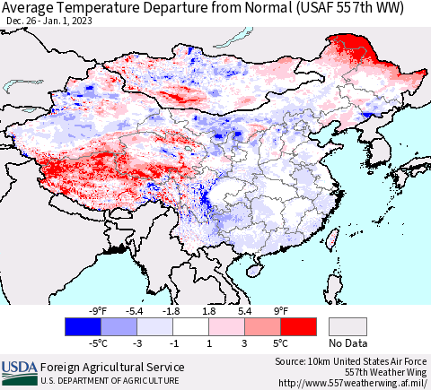 China, Mongolia and Taiwan Average Temperature Departure from Normal (USAF 557th WW) Thematic Map For 12/26/2022 - 1/1/2023