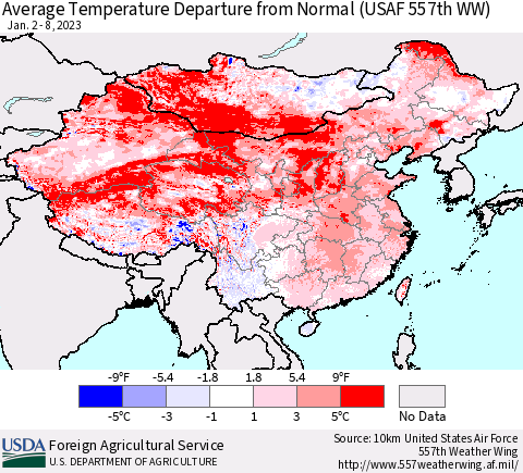 China, Mongolia and Taiwan Average Temperature Departure from Normal (USAF 557th WW) Thematic Map For 1/2/2023 - 1/8/2023