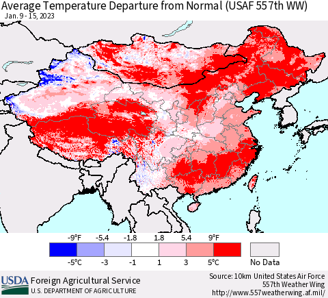 China, Mongolia and Taiwan Average Temperature Departure from Normal (USAF 557th WW) Thematic Map For 1/9/2023 - 1/15/2023