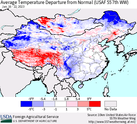China, Mongolia and Taiwan Average Temperature Departure from Normal (USAF 557th WW) Thematic Map For 1/16/2023 - 1/22/2023