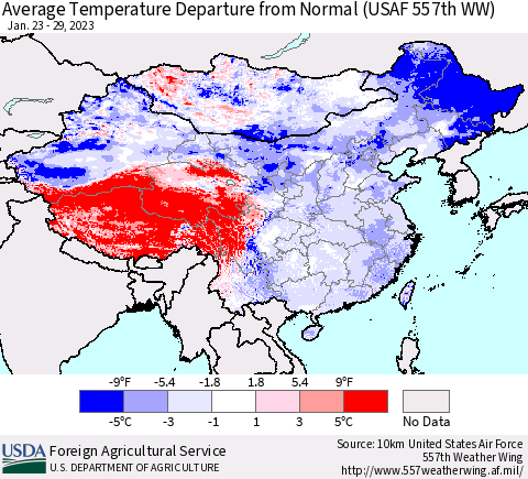 China, Mongolia and Taiwan Average Temperature Departure from Normal (USAF 557th WW) Thematic Map For 1/23/2023 - 1/29/2023