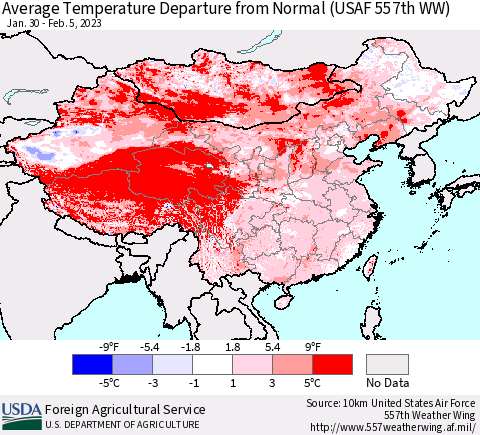 China, Mongolia and Taiwan Average Temperature Departure from Normal (USAF 557th WW) Thematic Map For 1/30/2023 - 2/5/2023