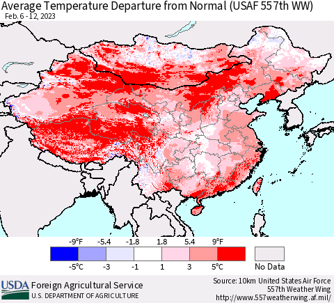China, Mongolia and Taiwan Average Temperature Departure from Normal (USAF 557th WW) Thematic Map For 2/6/2023 - 2/12/2023