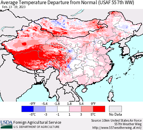 China, Mongolia and Taiwan Average Temperature Departure from Normal (USAF 557th WW) Thematic Map For 2/13/2023 - 2/19/2023