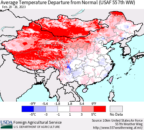 China, Mongolia and Taiwan Average Temperature Departure from Normal (USAF 557th WW) Thematic Map For 2/20/2023 - 2/26/2023