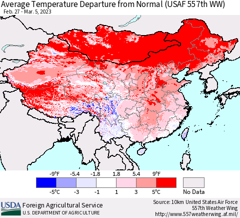 China, Mongolia and Taiwan Average Temperature Departure from Normal (USAF 557th WW) Thematic Map For 2/27/2023 - 3/5/2023