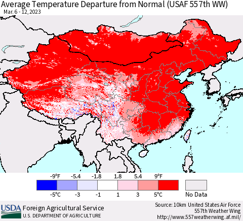 China, Mongolia and Taiwan Average Temperature Departure from Normal (USAF 557th WW) Thematic Map For 3/6/2023 - 3/12/2023