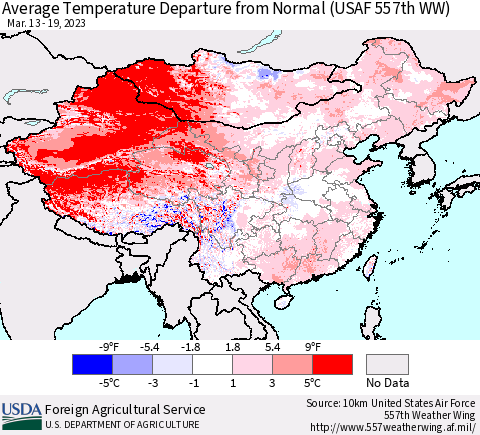 China, Mongolia and Taiwan Average Temperature Departure from Normal (USAF 557th WW) Thematic Map For 3/13/2023 - 3/19/2023