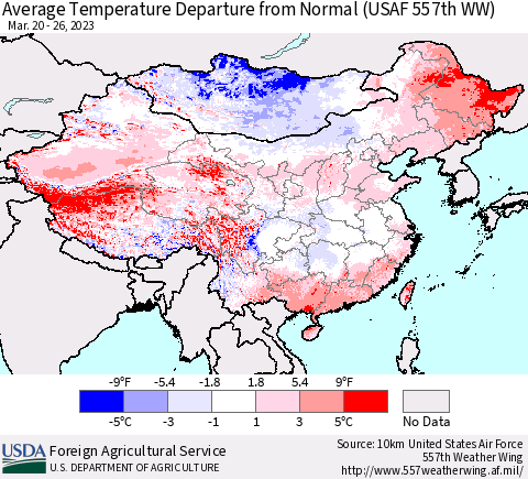 China, Mongolia and Taiwan Average Temperature Departure from Normal (USAF 557th WW) Thematic Map For 3/20/2023 - 3/26/2023