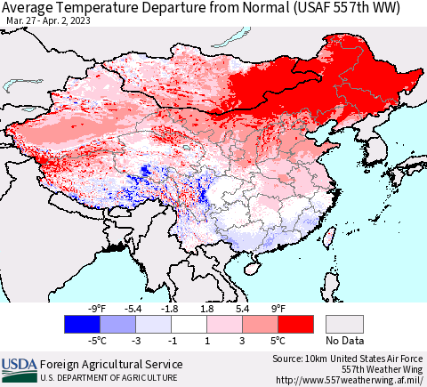 China, Mongolia and Taiwan Average Temperature Departure from Normal (USAF 557th WW) Thematic Map For 3/27/2023 - 4/2/2023