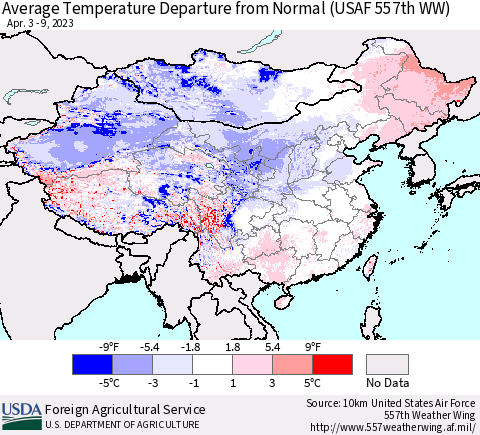 China, Mongolia and Taiwan Average Temperature Departure from Normal (USAF 557th WW) Thematic Map For 4/3/2023 - 4/9/2023