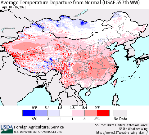China, Mongolia and Taiwan Average Temperature Departure from Normal (USAF 557th WW) Thematic Map For 4/10/2023 - 4/16/2023