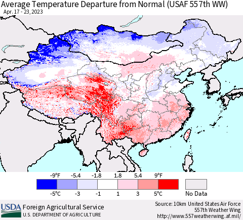 China, Mongolia and Taiwan Average Temperature Departure from Normal (USAF 557th WW) Thematic Map For 4/17/2023 - 4/23/2023