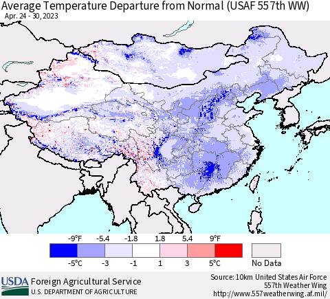 China, Mongolia and Taiwan Average Temperature Departure from Normal (USAF 557th WW) Thematic Map For 4/24/2023 - 4/30/2023