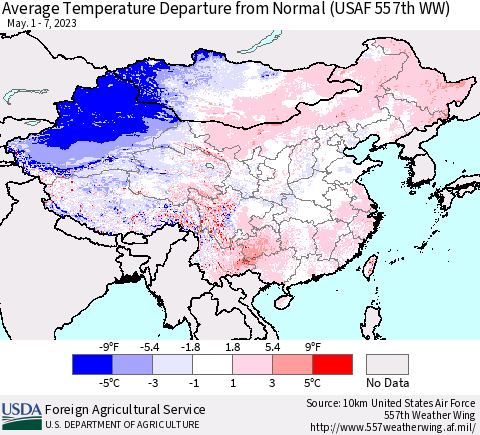 China, Mongolia and Taiwan Average Temperature Departure from Normal (USAF 557th WW) Thematic Map For 5/1/2023 - 5/7/2023