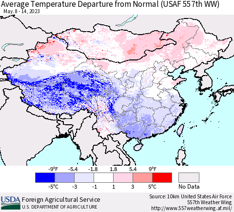China, Mongolia and Taiwan Average Temperature Departure from Normal (USAF 557th WW) Thematic Map For 5/8/2023 - 5/14/2023