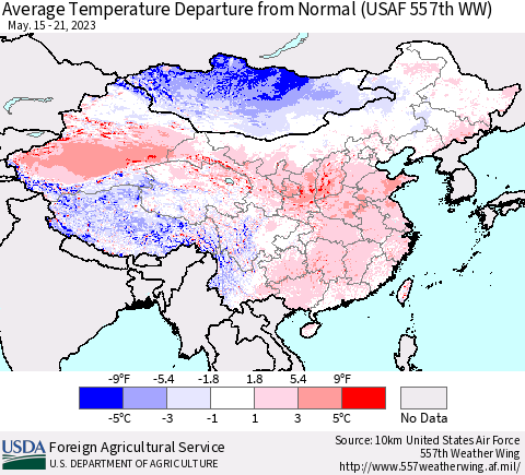 China, Mongolia and Taiwan Average Temperature Departure from Normal (USAF 557th WW) Thematic Map For 5/15/2023 - 5/21/2023