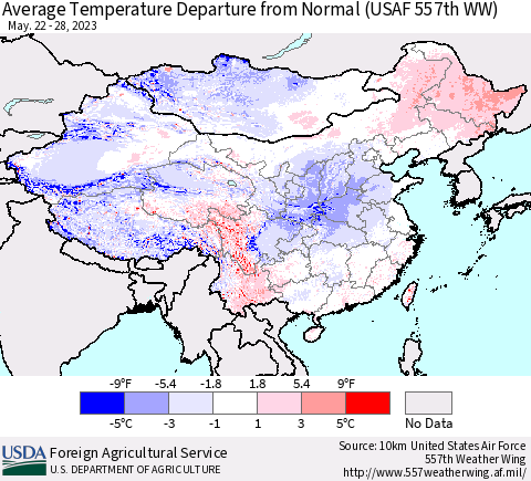 China, Mongolia and Taiwan Average Temperature Departure from Normal (USAF 557th WW) Thematic Map For 5/22/2023 - 5/28/2023