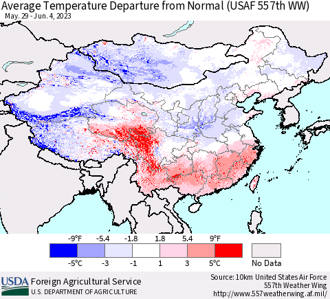 China, Mongolia and Taiwan Average Temperature Departure from Normal (USAF 557th WW) Thematic Map For 5/29/2023 - 6/4/2023