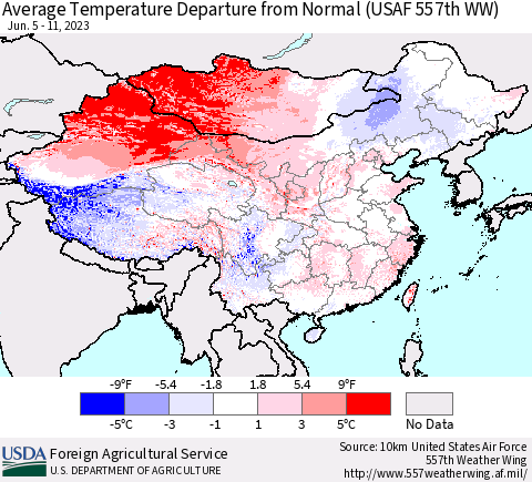 China, Mongolia and Taiwan Average Temperature Departure from Normal (USAF 557th WW) Thematic Map For 6/5/2023 - 6/11/2023