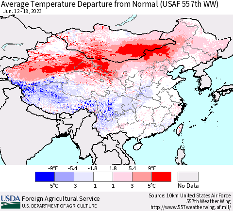 China, Mongolia and Taiwan Average Temperature Departure from Normal (USAF 557th WW) Thematic Map For 6/12/2023 - 6/18/2023