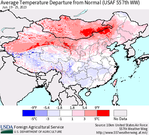 China, Mongolia and Taiwan Average Temperature Departure from Normal (USAF 557th WW) Thematic Map For 6/19/2023 - 6/25/2023