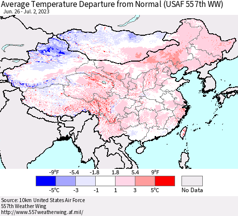 China, Mongolia and Taiwan Average Temperature Departure from Normal (USAF 557th WW) Thematic Map For 6/26/2023 - 7/2/2023