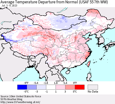 China, Mongolia and Taiwan Average Temperature Departure from Normal (USAF 557th WW) Thematic Map For 7/3/2023 - 7/9/2023