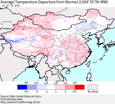 China, Mongolia and Taiwan Average Temperature Departure from Normal (USAF 557th WW) Thematic Map For 7/10/2023 - 7/16/2023