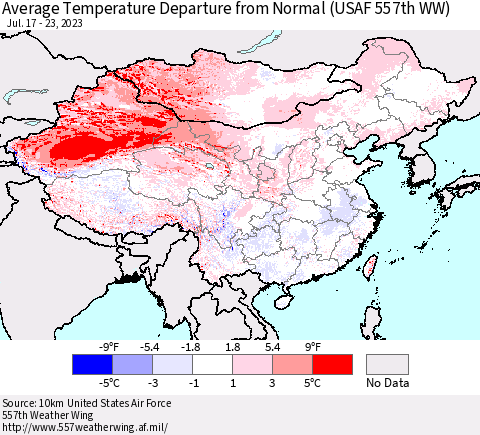 China, Mongolia and Taiwan Average Temperature Departure from Normal (USAF 557th WW) Thematic Map For 7/17/2023 - 7/23/2023