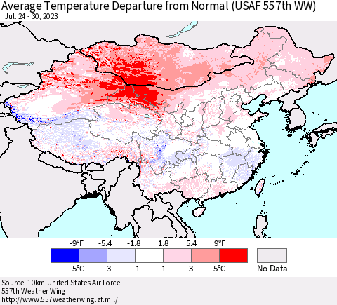 China, Mongolia and Taiwan Average Temperature Departure from Normal (USAF 557th WW) Thematic Map For 7/24/2023 - 7/30/2023