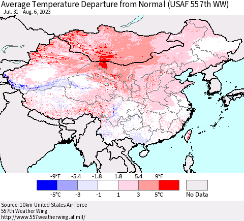 China, Mongolia and Taiwan Average Temperature Departure from Normal (USAF 557th WW) Thematic Map For 7/31/2023 - 8/6/2023