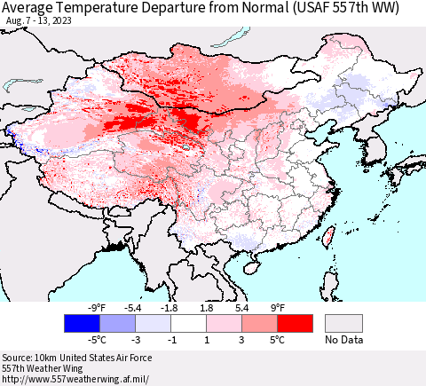 China, Mongolia and Taiwan Average Temperature Departure from Normal (USAF 557th WW) Thematic Map For 8/7/2023 - 8/13/2023