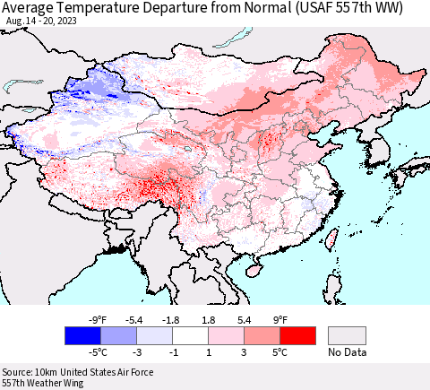 China, Mongolia and Taiwan Average Temperature Departure from Normal (USAF 557th WW) Thematic Map For 8/14/2023 - 8/20/2023