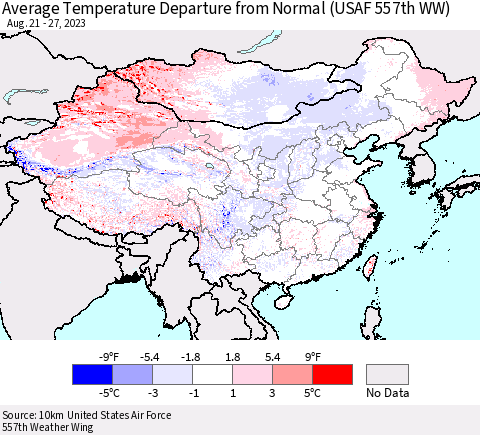 China, Mongolia and Taiwan Average Temperature Departure from Normal (USAF 557th WW) Thematic Map For 8/21/2023 - 8/27/2023