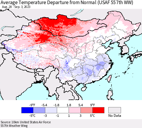 China, Mongolia and Taiwan Average Temperature Departure from Normal (USAF 557th WW) Thematic Map For 8/28/2023 - 9/3/2023