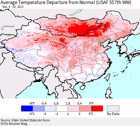 China, Mongolia and Taiwan Average Temperature Departure from Normal (USAF 557th WW) Thematic Map For 9/4/2023 - 9/10/2023