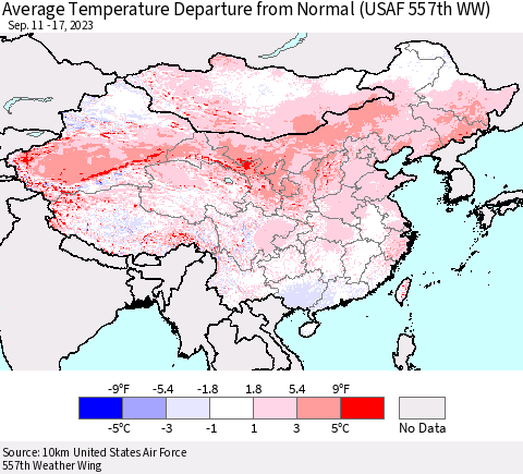 China, Mongolia and Taiwan Average Temperature Departure from Normal (USAF 557th WW) Thematic Map For 9/11/2023 - 9/17/2023