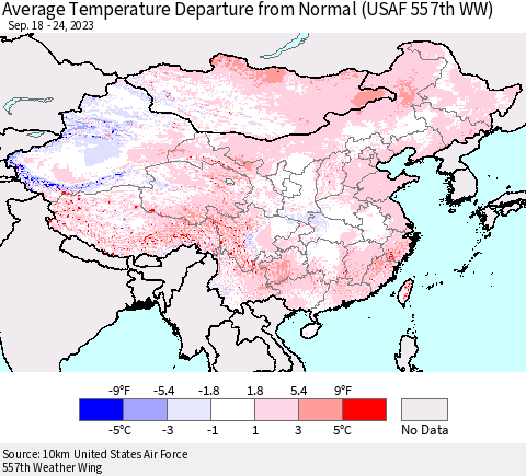 China, Mongolia and Taiwan Average Temperature Departure from Normal (USAF 557th WW) Thematic Map For 9/18/2023 - 9/24/2023