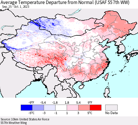 China, Mongolia and Taiwan Average Temperature Departure from Normal (USAF 557th WW) Thematic Map For 9/25/2023 - 10/1/2023