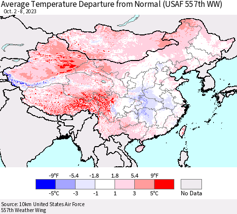 China, Mongolia and Taiwan Average Temperature Departure from Normal (USAF 557th WW) Thematic Map For 10/2/2023 - 10/8/2023