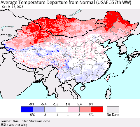 China, Mongolia and Taiwan Average Temperature Departure from Normal (USAF 557th WW) Thematic Map For 10/9/2023 - 10/15/2023