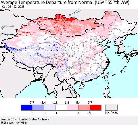 China, Mongolia and Taiwan Average Temperature Departure from Normal (USAF 557th WW) Thematic Map For 10/16/2023 - 10/22/2023