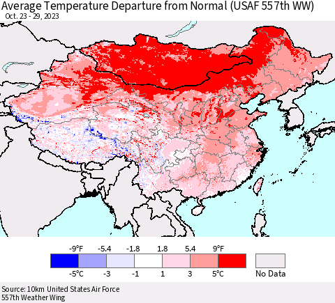 China, Mongolia and Taiwan Average Temperature Departure from Normal (USAF 557th WW) Thematic Map For 10/23/2023 - 10/29/2023