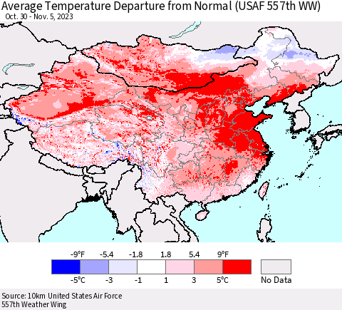 China, Mongolia and Taiwan Average Temperature Departure from Normal (USAF 557th WW) Thematic Map For 10/30/2023 - 11/5/2023