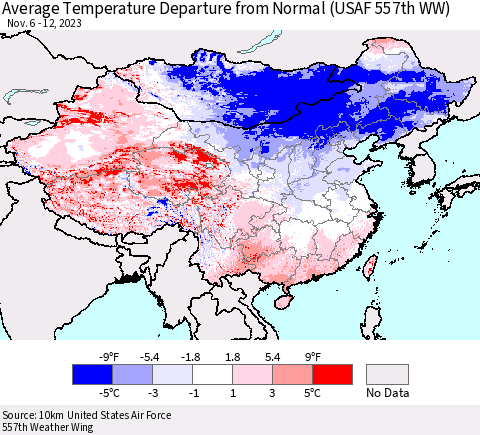 China, Mongolia and Taiwan Average Temperature Departure from Normal (USAF 557th WW) Thematic Map For 11/6/2023 - 11/12/2023