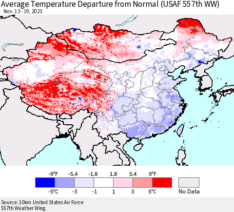 China, Mongolia and Taiwan Average Temperature Departure from Normal (USAF 557th WW) Thematic Map For 11/13/2023 - 11/19/2023